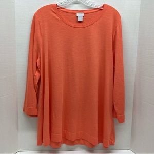 Chicos Womens 100% Cotton Pullover Top 3/4 Length Sleeves Size 2=Lg Coral Color